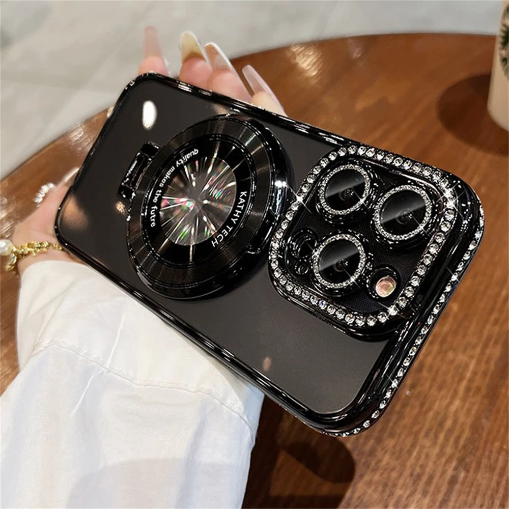 Luxury Diamond Magnetic Wireless Charging Magsafe Holder Case For iphone 16 15 14 13 12 Pro Max Plus 11 Lens Protective Cover