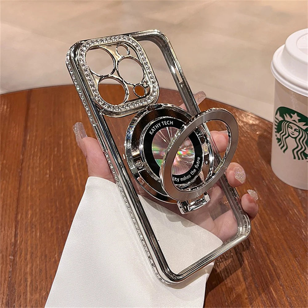 Luxury Diamond Magnetic Wireless Charging Magsafe Holder Case For iphone 16 15 14 13 12 Pro Max Plus 11 Lens Protective Cover