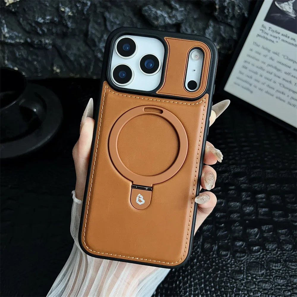 Luxury Magnetic Stand Ring PU Leather Case For iPhone 17 Air 16 Pro Max 15 14 13 12  for Magsafe Wireless Charging Hollow  Cover