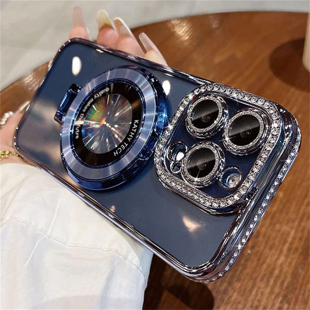 Luxury Diamond Magnetic Wireless Charging Magsafe Holder Case For iphone 16 15 14 13 12 Pro Max Plus 11 Lens Protective Cover
