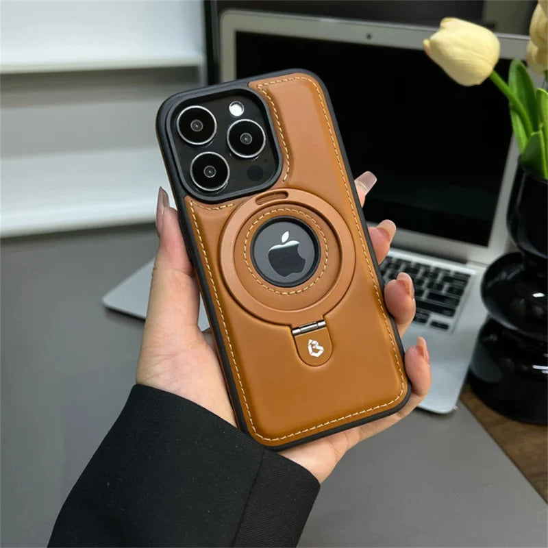 Luxury Magnetic Stand Ring PU Leather Case For iPhone 17 Air 16 Pro Max 15 14 13 12  for Magsafe Wireless Charging Hollow  Cover