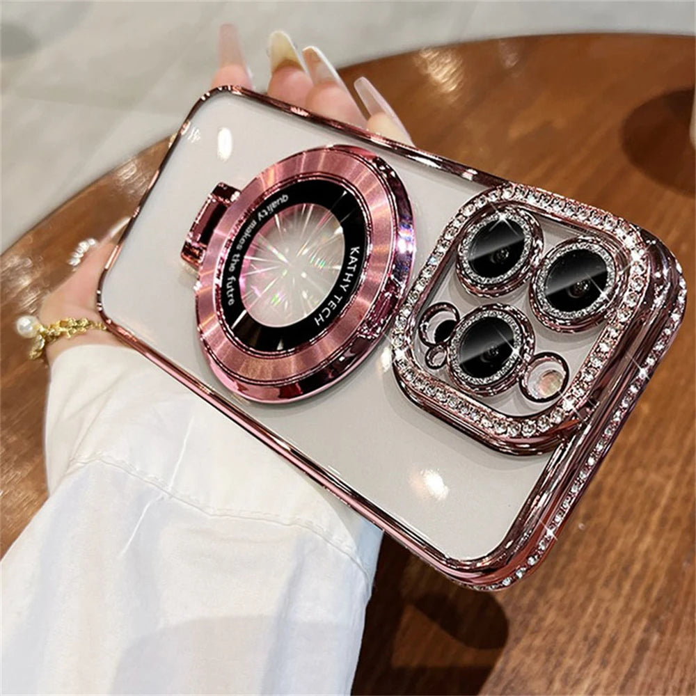Luxury Diamond Magnetic Wireless Charging Magsafe Holder Case For iphone 16 15 14 13 12 Pro Max Plus 11 Lens Protective Cover