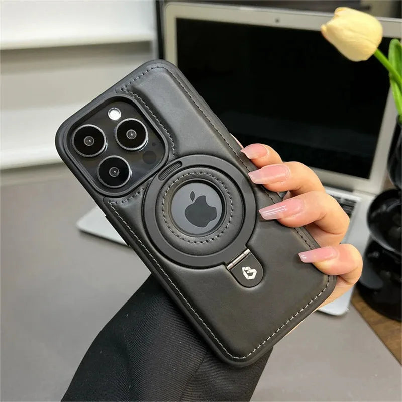 Luxury Magnetic Stand Ring PU Leather Case For iPhone 17 Air 16 Pro Max 15 14 13 12  for Magsafe Wireless Charging Hollow  Cover