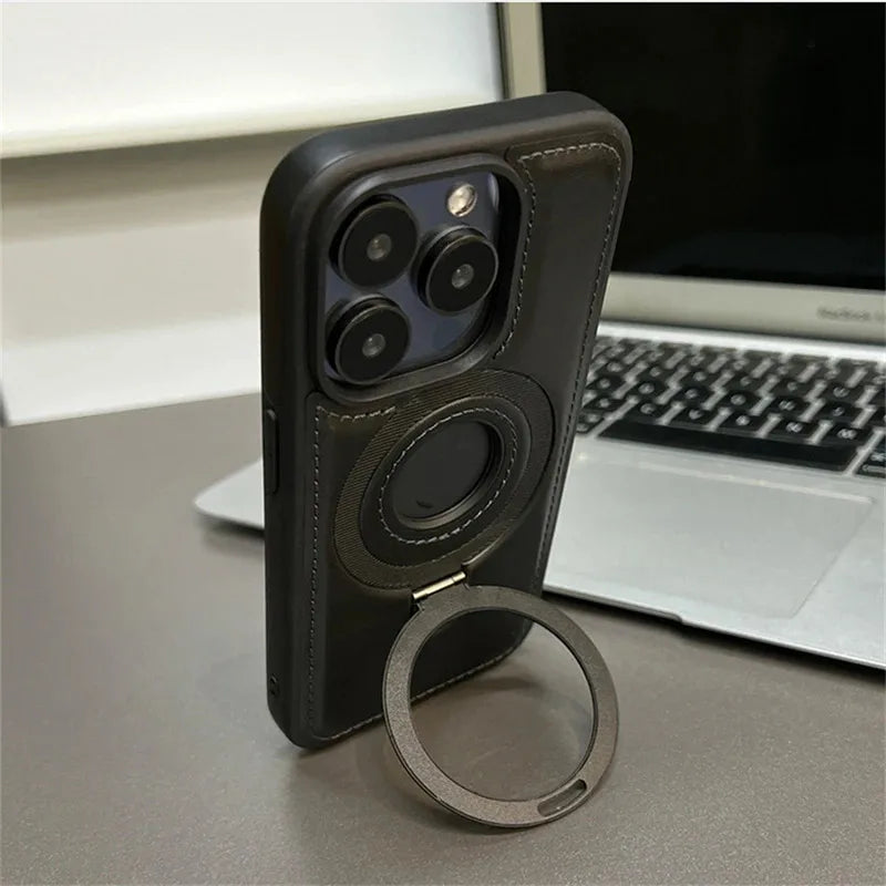 Luxury Magnetic Stand Ring PU Leather Case For iPhone 17 Air 16 Pro Max 15 14 13 12  for Magsafe Wireless Charging Hollow  Cover