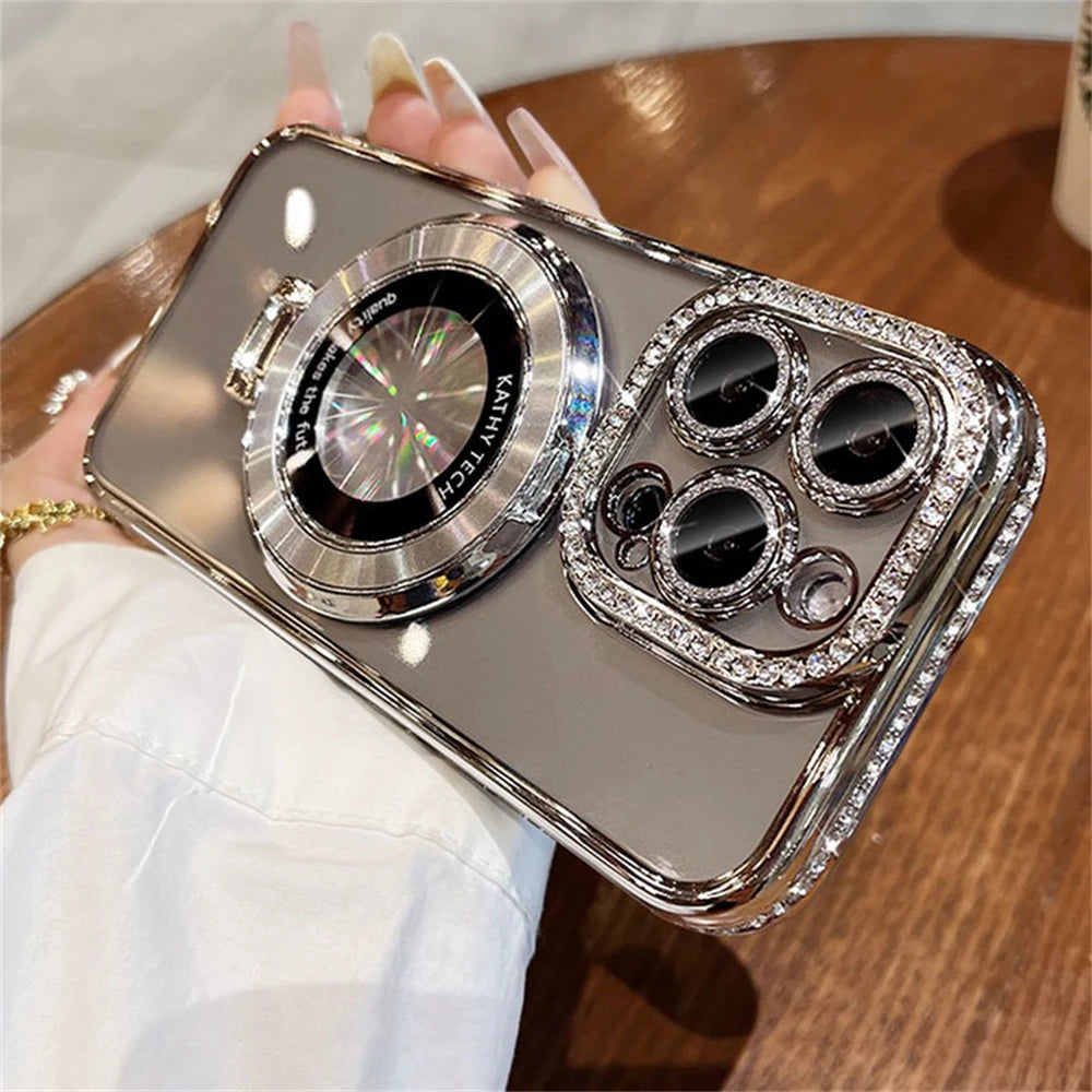 Luxury Diamond Magnetic Wireless Charging Magsafe Holder Case For iphone 16 15 14 13 12 Pro Max Plus 11 Lens Protective Cover