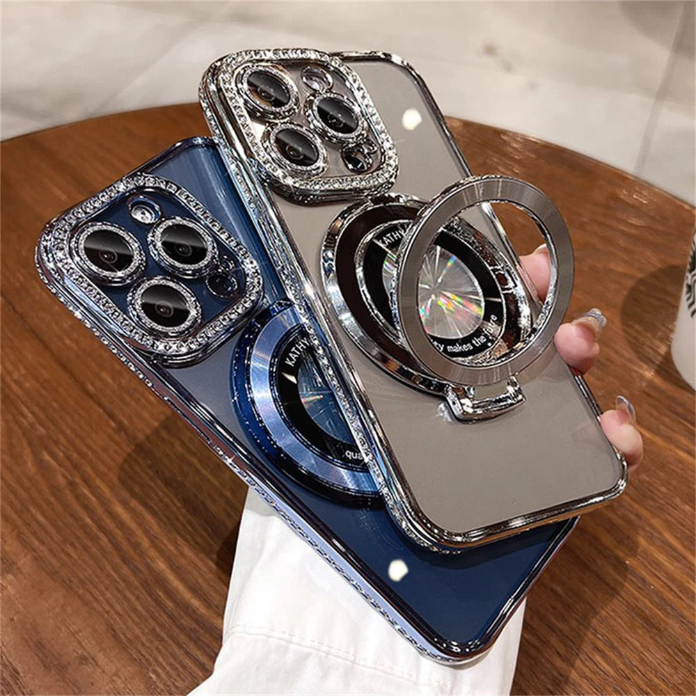 Luxury Diamond Magnetic Wireless Charging Magsafe Holder Case For iphone 16 15 14 13 12 Pro Max Plus 11 Lens Protective Cover