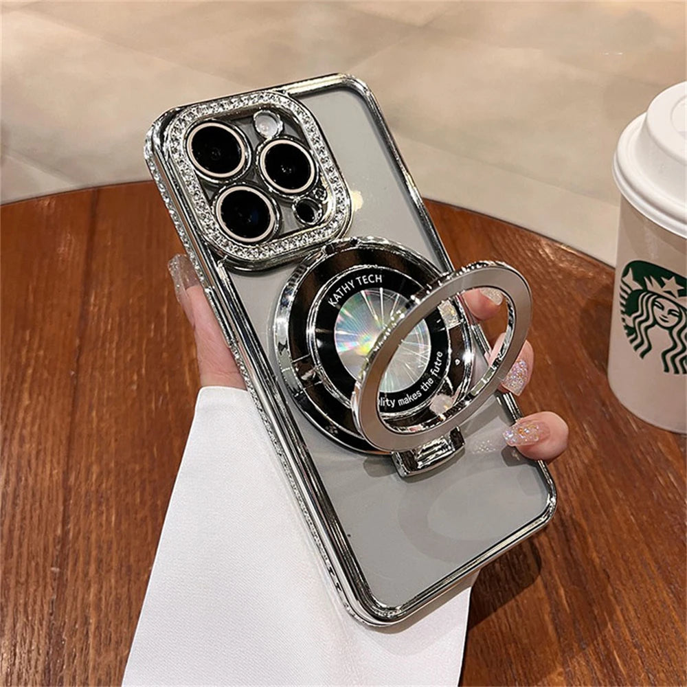 Luxury Diamond Magnetic Wireless Charging Magsafe Holder Case For iphone 16 15 14 13 12 Pro Max Plus 11 Lens Protective Cover