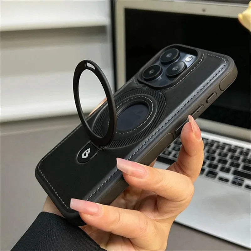 Luxury Magnetic Stand Ring PU Leather Case For iPhone 17 Air 16 Pro Max 15 14 13 12  for Magsafe Wireless Charging Hollow  Cover