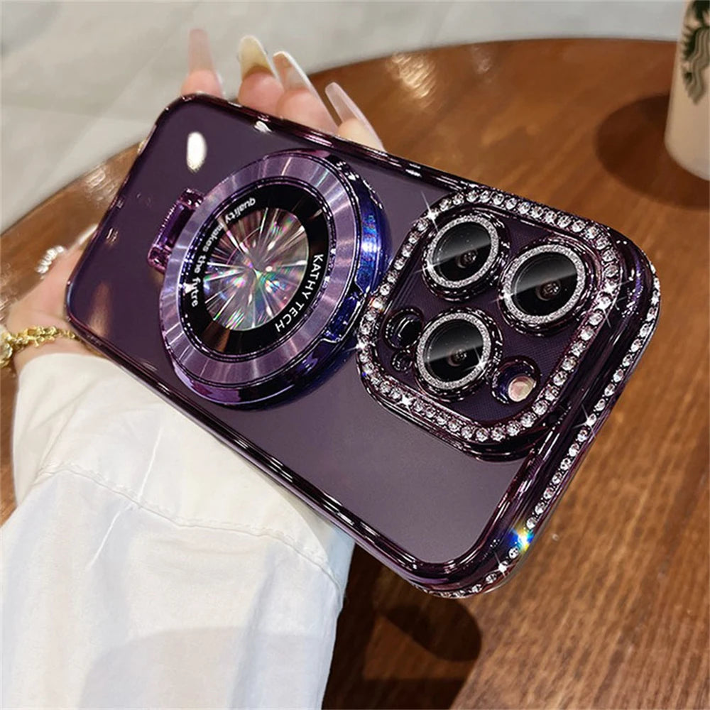 Luxury Diamond Magnetic Wireless Charging Magsafe Holder Case For iphone 16 15 14 13 12 Pro Max Plus 11 Lens Protective Cover