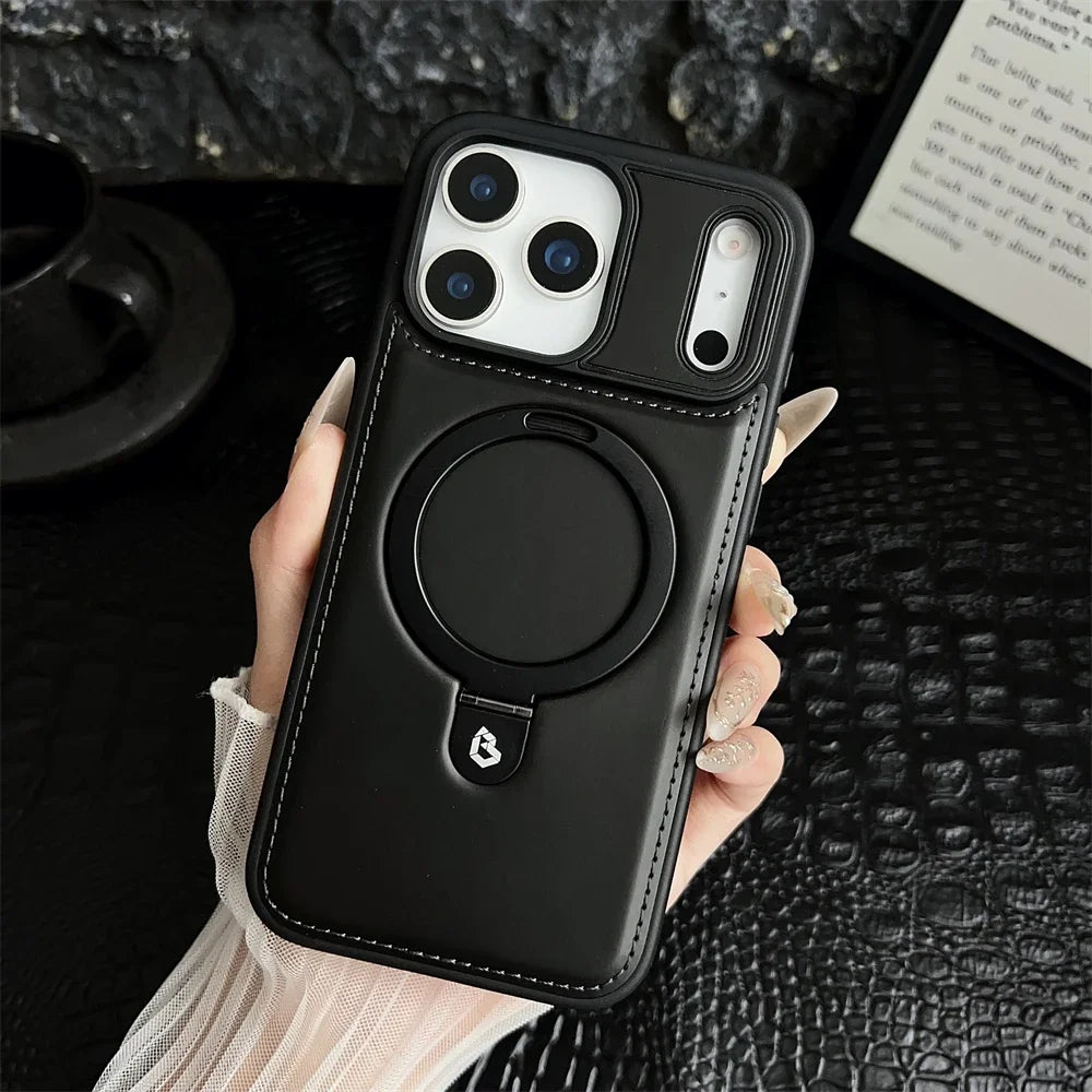 Luxury Magnetic Stand Ring PU Leather Case For iPhone 17 Air 16 Pro Max 15 14 13 12  for Magsafe Wireless Charging Hollow  Cover